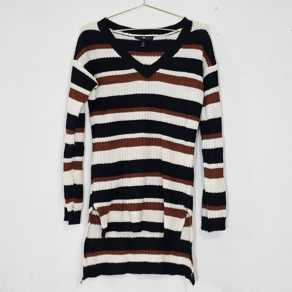 Derek Heart Womens Striped V-Neck Tunic Sweater Black White Brown Size S